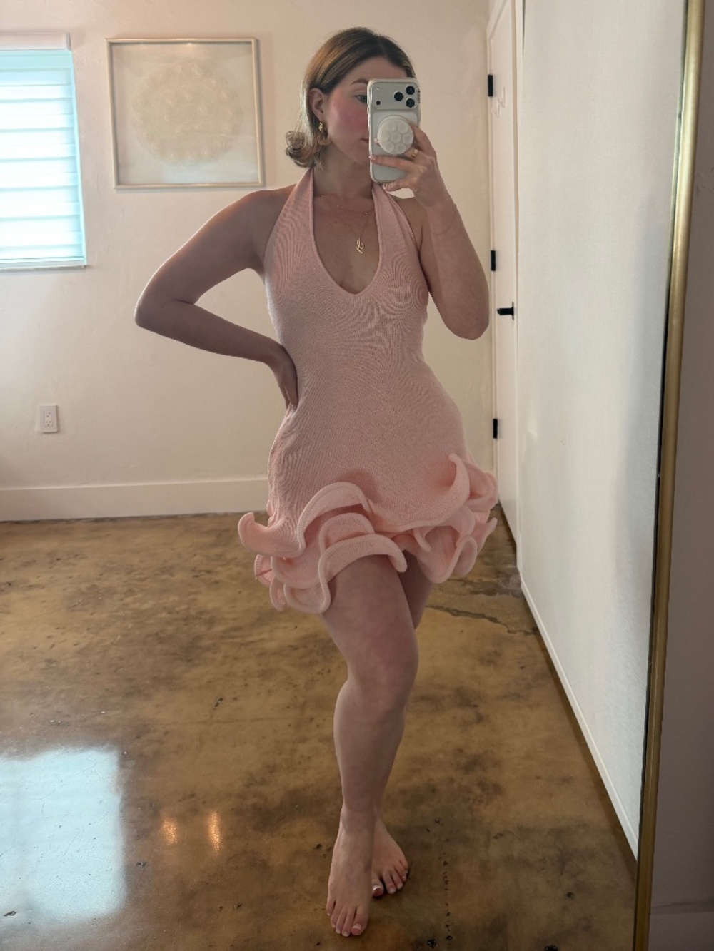Meshki Willowmena Baby Pink Sculptural Ruffle Mini Dress